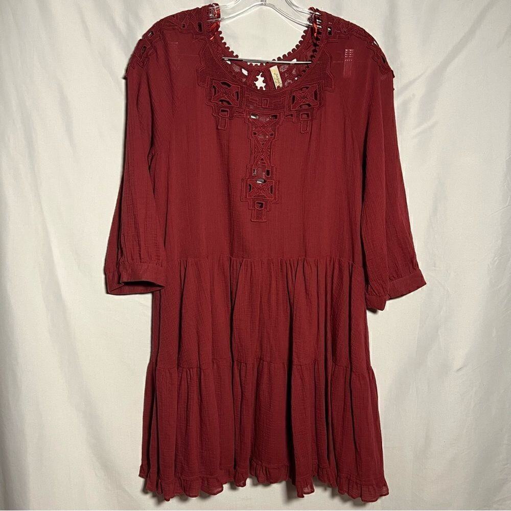Free People‎ Take Time Tunic Embroidered Boho Dress Scarlet Red Womens L